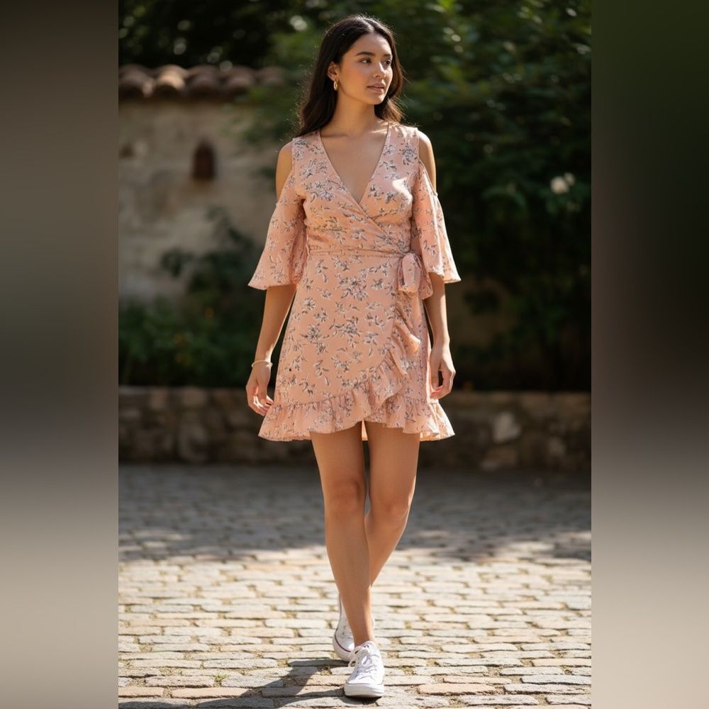 Raised By Wild blush floral cold shoulder wrap lined mini dress M
